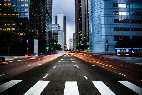 Busy street in downtown Los Angeles on a cloudy day