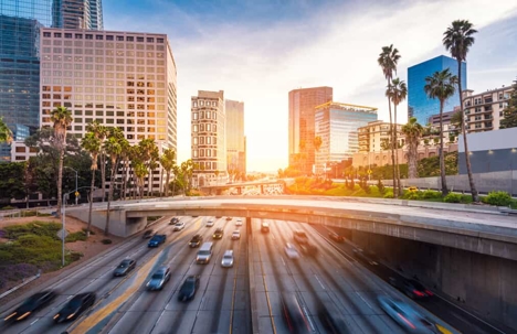 Los Angeles city skyline close up at sunrise