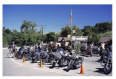 motorcycles parked outside restaurant